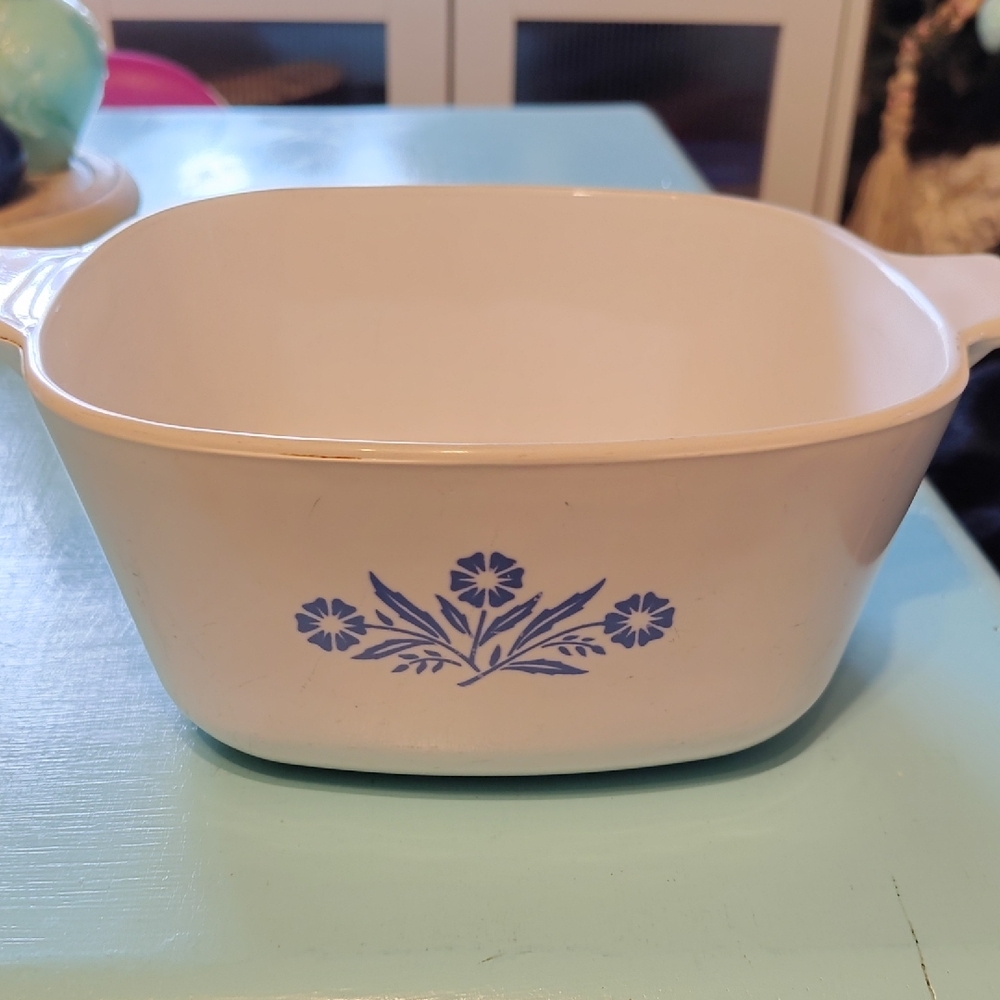 Vintage CorningWare White Casserole Dish with Blue Floral Design
